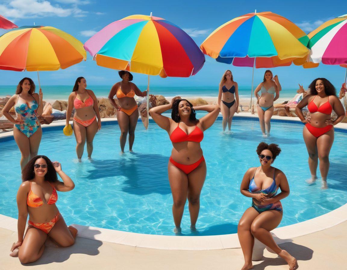 A vibrant pool scene showcasing diverse individuals confidently wearing stylish swimwear, each embodying body positivity and strength while representing various chronic illnesses. The background features colorful beach umbrellas and a clear blue sky, emphasizing joy and inclusivity. Soft, natural light enhances the uplifting atmosphere. super-realistic. bright colors. summer vibes.