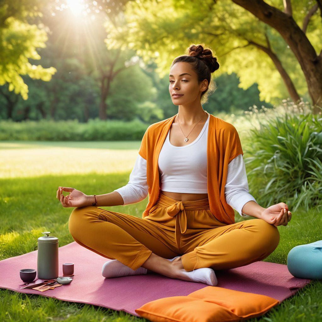 An artistic representation of a stylish individual dressed in fashionable yet comfortable clothing, exuding confidence while sitting in a serene park setting, surrounded by nature. Include wellness elements like a yoga mat, herbal tea, and colorful accessories that symbolize resilience and strength against chronic illness. The atmosphere should convey a blend of tranquility and empowerment. vibrant colors. super-realistic. soft lighting.
